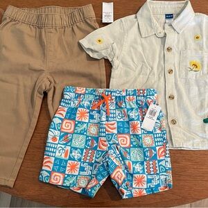 Old Navy NWT Boys Lot 18m, Linen Blend Embroidered Shirt Swim Short Khaki Pant